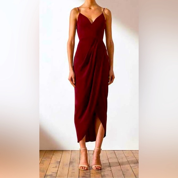 Shona Joy Port Wine Midi Cocktail Dress Sz 12 NWT – Draped Asymmetric Hem - Picture 2 of 7